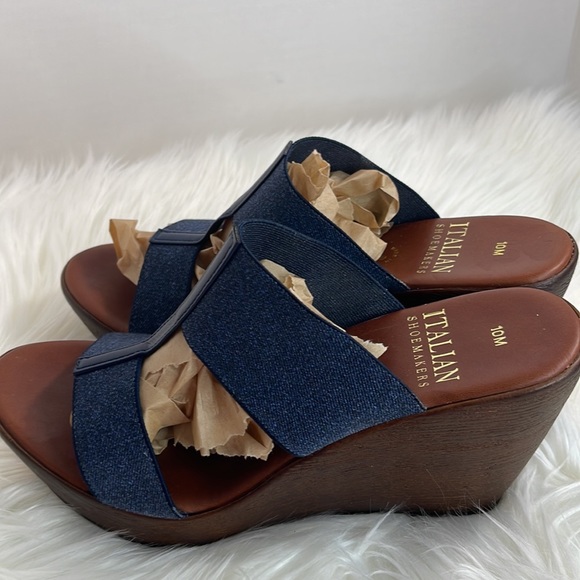 Women’s Italian Shoe Makers sandals denim blue SZ 10M elastic 3.5 in wedge - Picture 4 of 9